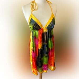 Festival Dress! Vibrant Multicolor Dress with Deep V-Neck silk and soft, lined M